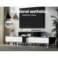 Black and white extendable TV unit 190cm option in living room below wall-mounted TV with black pendant lights