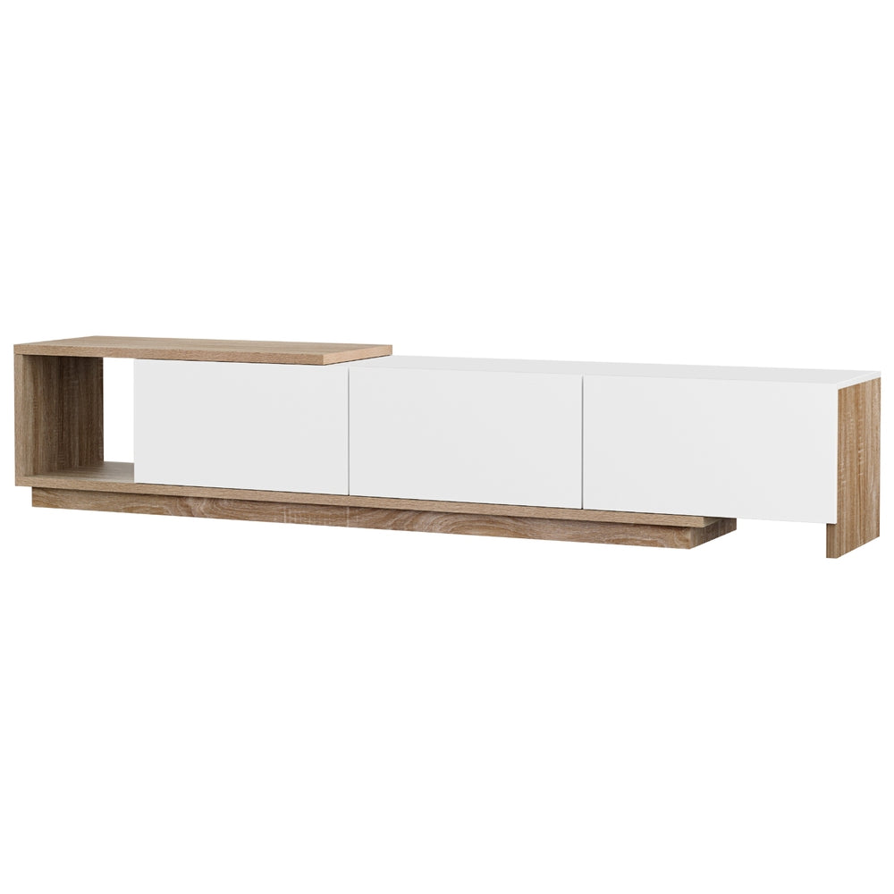 White and oak extendable TV unit with open left shelf and 3 white doors on white background