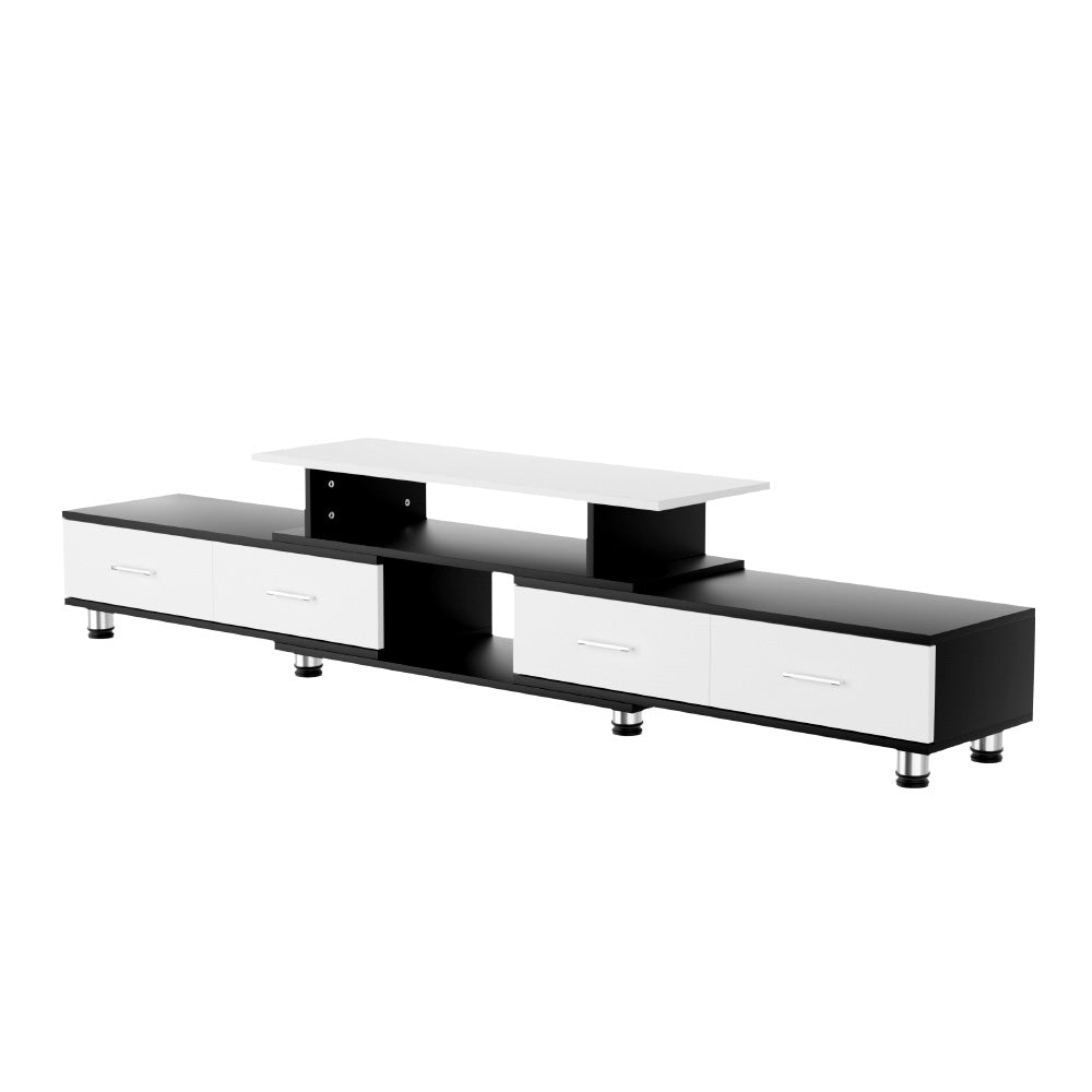 Black and white extendable TV unit dimensions showing 90cm top shelf and 160-190-220cm base width options