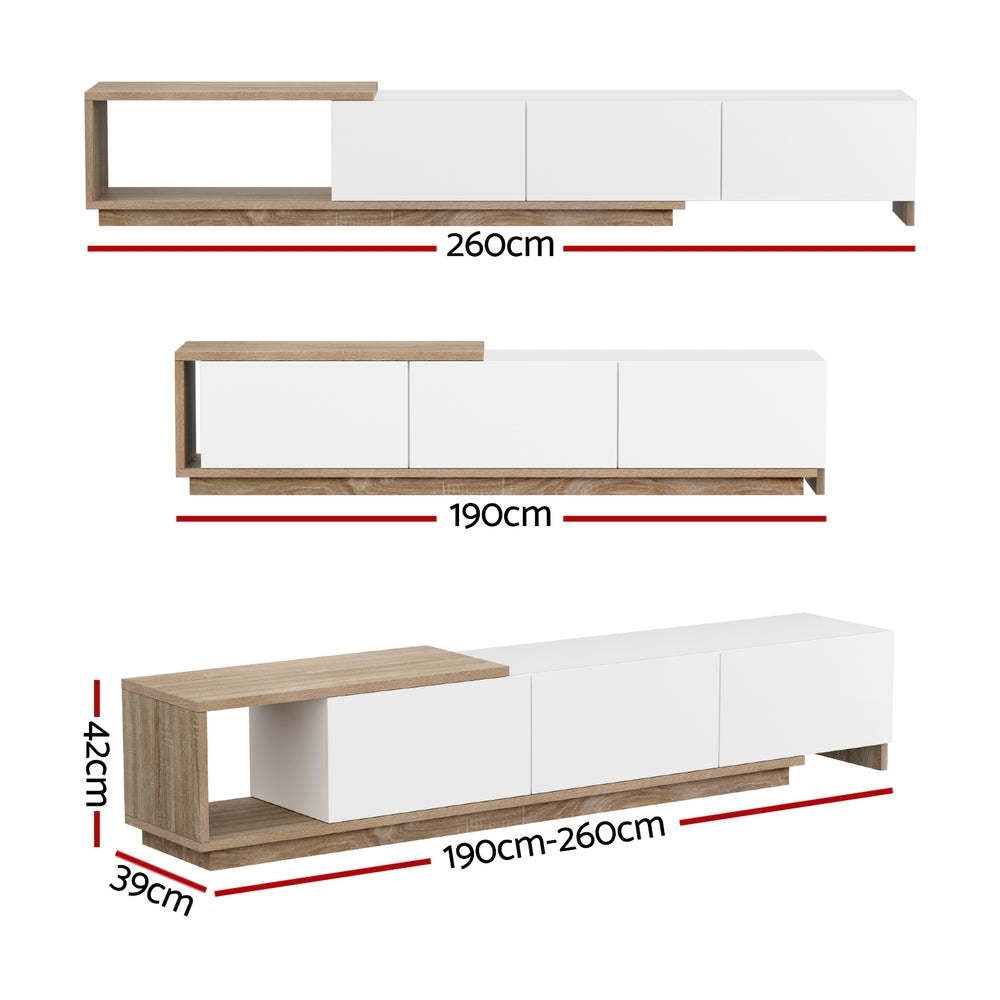 Extendable TV unit dimensions diagram 260cm extended 190cm compact 39cm deep 42cm tall