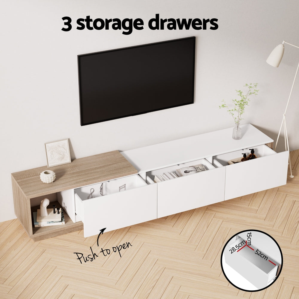White TV unit with 3 push-to-open drawers pulled out showing 52cm by 28.5cm by 15cm interior