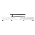 Black and white extendable TV unit front view showing four white drawers and raised centre shelf on white background