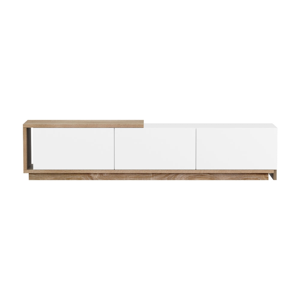 White extendable TV unit front view on white background oak frame 3 flush doors compact 190cm position