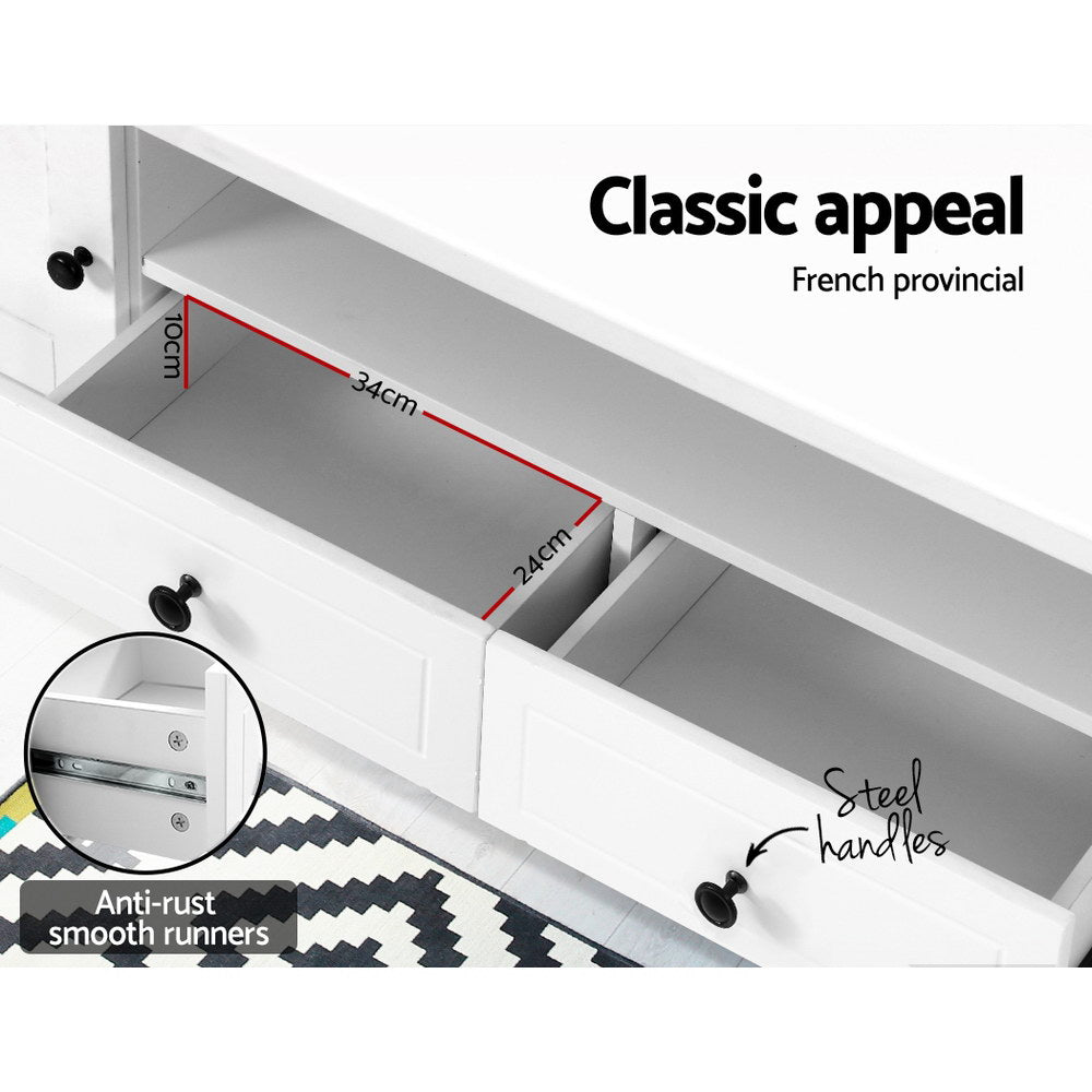 Black and white extendable TV unit in grey living room below large wall-mounted TV with white raised shelf section