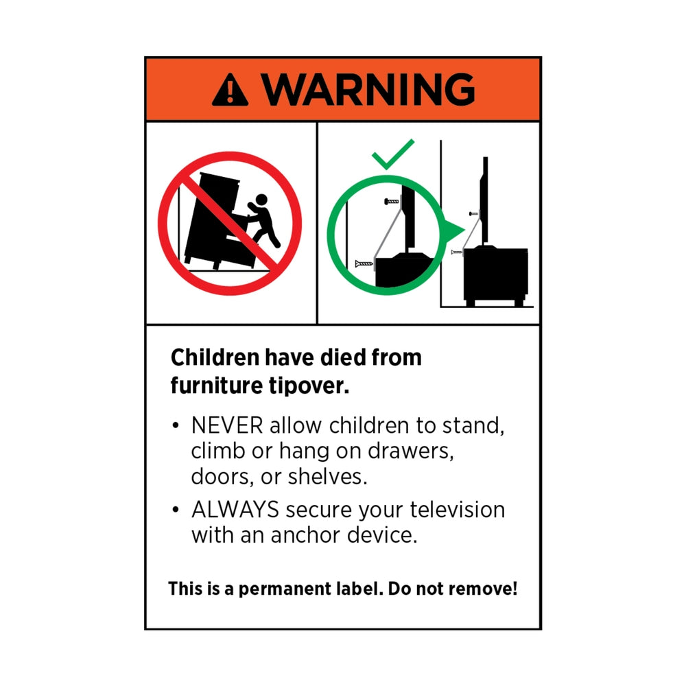 Warning label Children have died from furniture tipover NEVER allow children to climb on unit