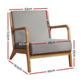 Grey fabric armchair dimensions: 65cm wide, 76.5cm deep, 72.5cm tall, 37cm seat height, 58cm seat width