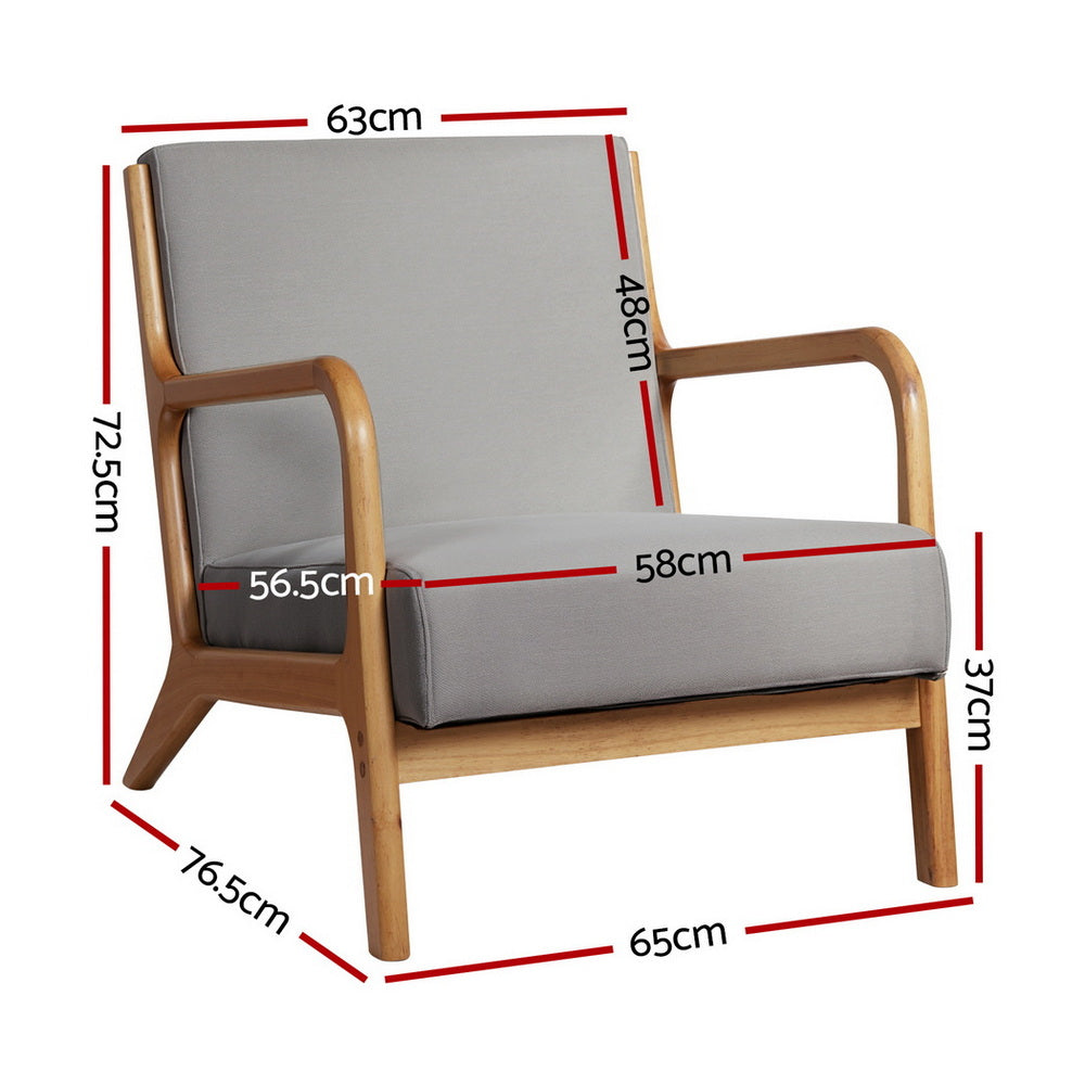 Grey fabric armchair dimensions: 65cm wide, 76.5cm deep, 72.5cm tall, 37cm seat height, 58cm seat width