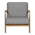 Grey fabric armchair with natural wood curved open-arm frame, front view on white background