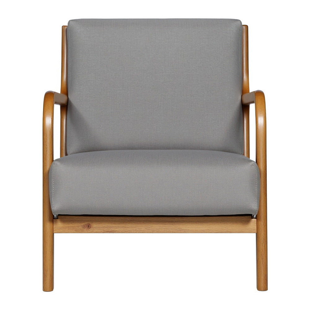 Grey fabric armchair with natural wood curved open-arm frame, front view on white background