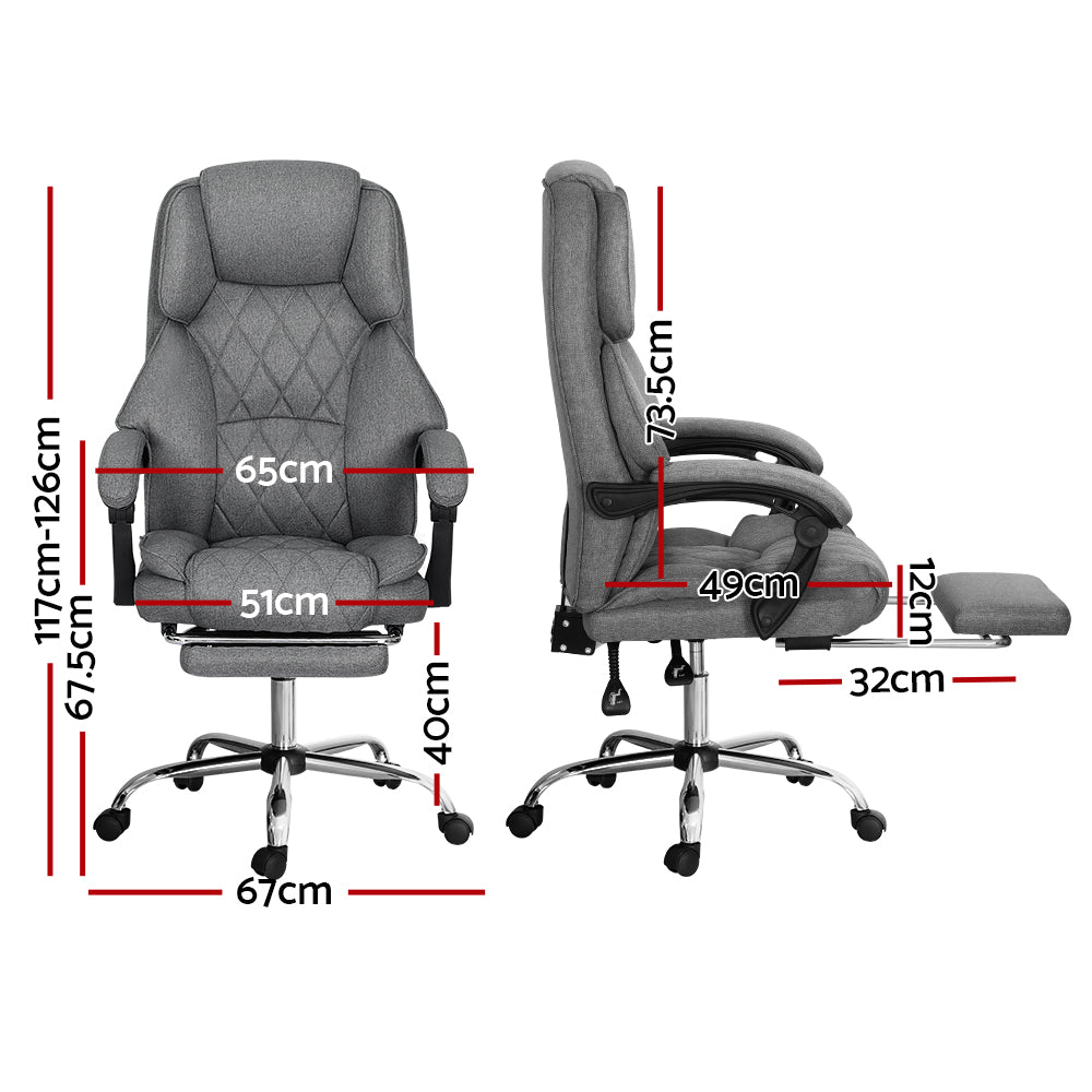 Grey fabric executive chair with footrest dimensions: 67cm wide, 117-126cm tall, 49cm seat depth and 32cm footrest length