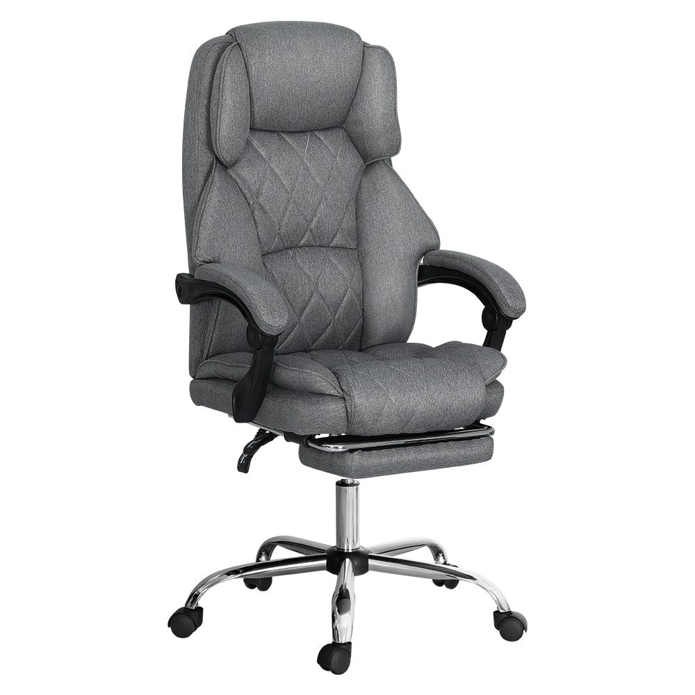 Grey fabric high-back executive office chair with footrest retracted and black metal base on white background