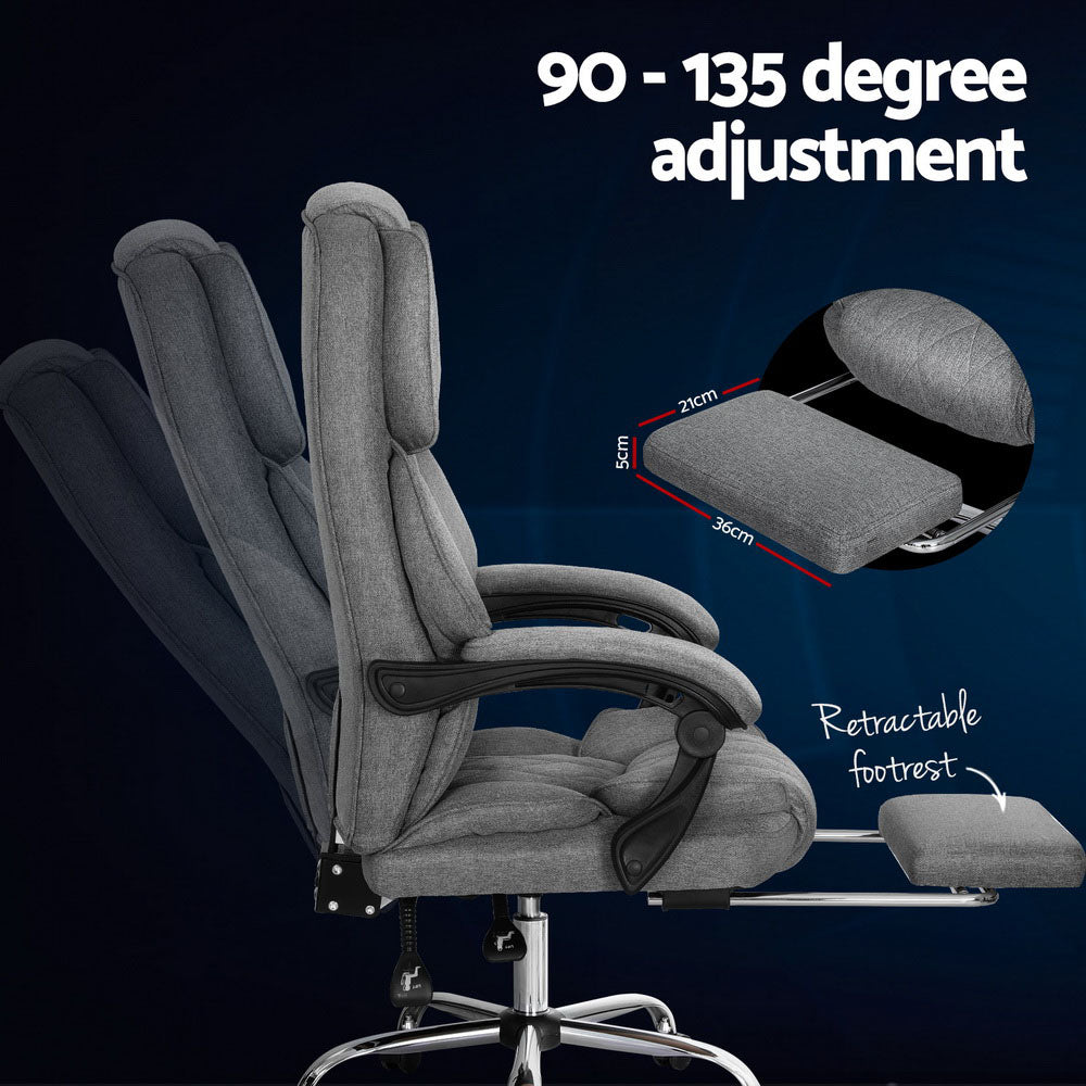 Grey fabric executive chair reclined 90-135 degrees showing retractable footrest extended, footrest 36x21x5cm