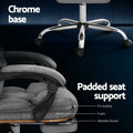 Grey fabric office chair seat cross-section showing PU leather, foam and wooden board with chrome base