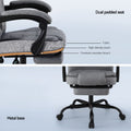 Grey fabric recliner seat layers showing fabric, foam and wooden board with footrest and black metal base