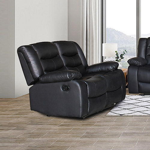 Black leather 2-seater recliner sofa in lifestyle room with large window and modern furnishings