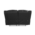 Black leather 2-seater recliner sofa rear view showing metal support frame on white background