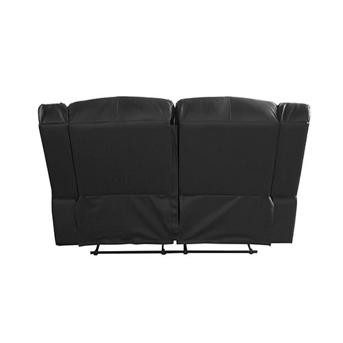 Black leather 2-seater recliner sofa rear view showing metal support frame on white background