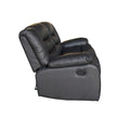 Black leather 2-seater recliner sofa side view showing tufted back and recliner handle