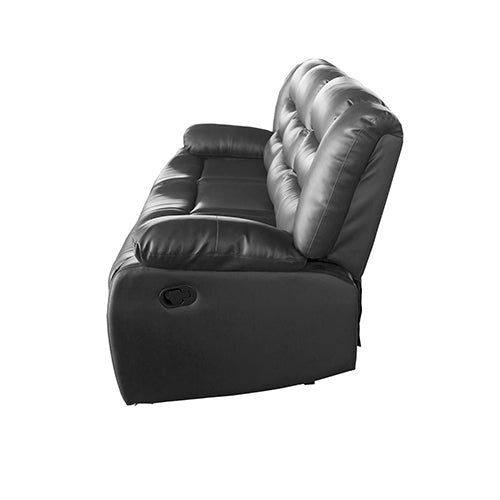 Black leather 3-seater recliner sofa side view showing tufted back cushions on white background
