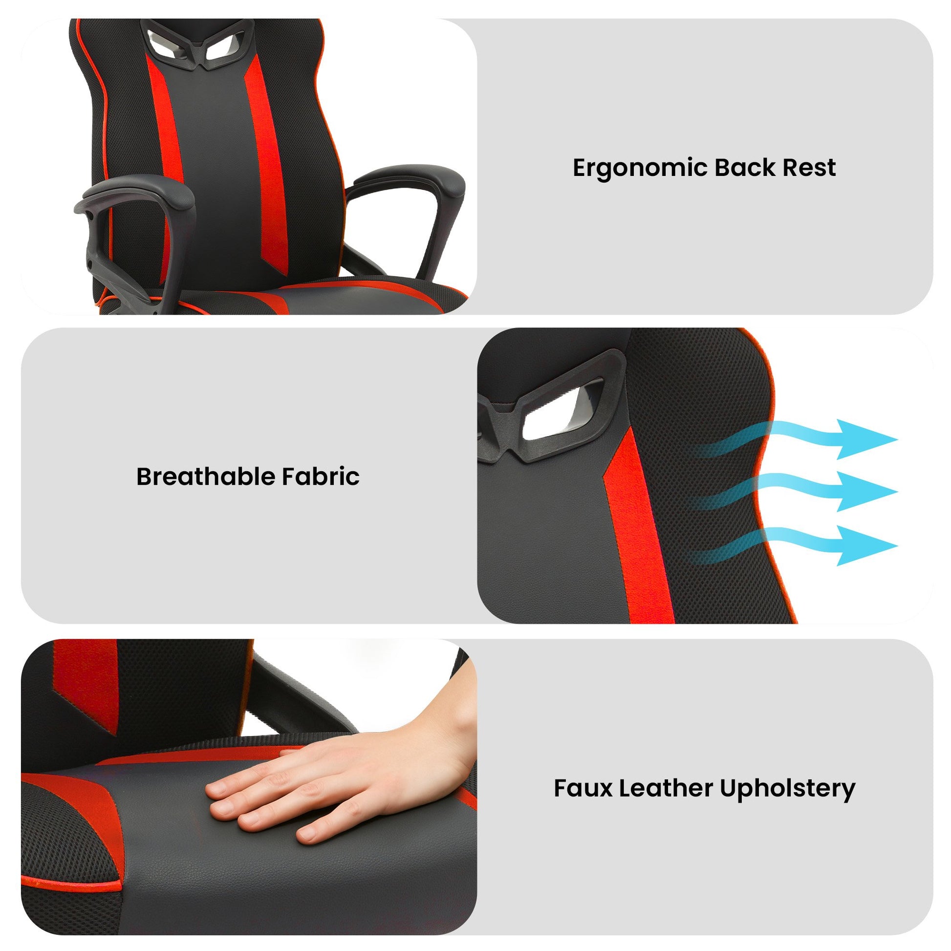 Black and red gaming chair three-panel: ergonomic back rest close-up, breathable fabric and faux leather upholstery details
