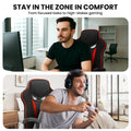 Black and red gaming chair dual-use lifestyle: man working at desk and man gaming with controller, focused tasks to gaming