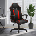 Black and red gaming office chair in modern room with large window, plant and herringbone floor, three-quarter view
