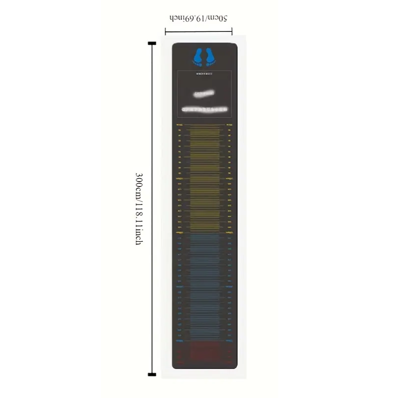 Dimensions diagram of black jumping test mat 300cm x 50cm on white background with coloured measurement zones