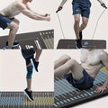 Four-panel composite of athletes using black jumping test mat: jumping, skipping rope, knee raise, and sit-up