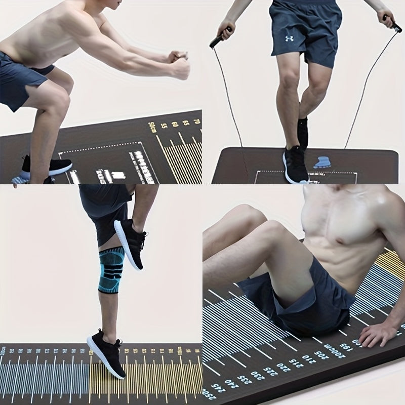 Four-panel composite of athletes using black jumping test mat: jumping, skipping rope, knee raise, and sit-up