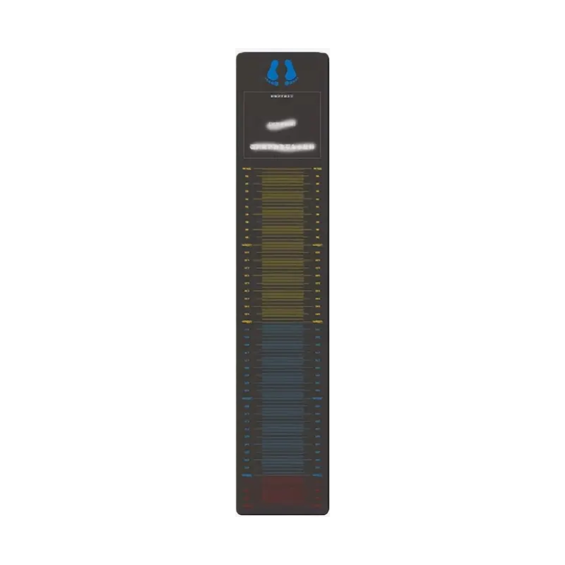 Black jumping test mat on white background with blue footprint icon and yellow, blue, and dark red measurement zones