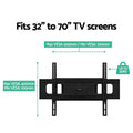 Fixed TV wall bracket spec infographic fits 32-70 inch TVs VESA 100-600mm horizontal 100-400mm vertical 50kg capacity