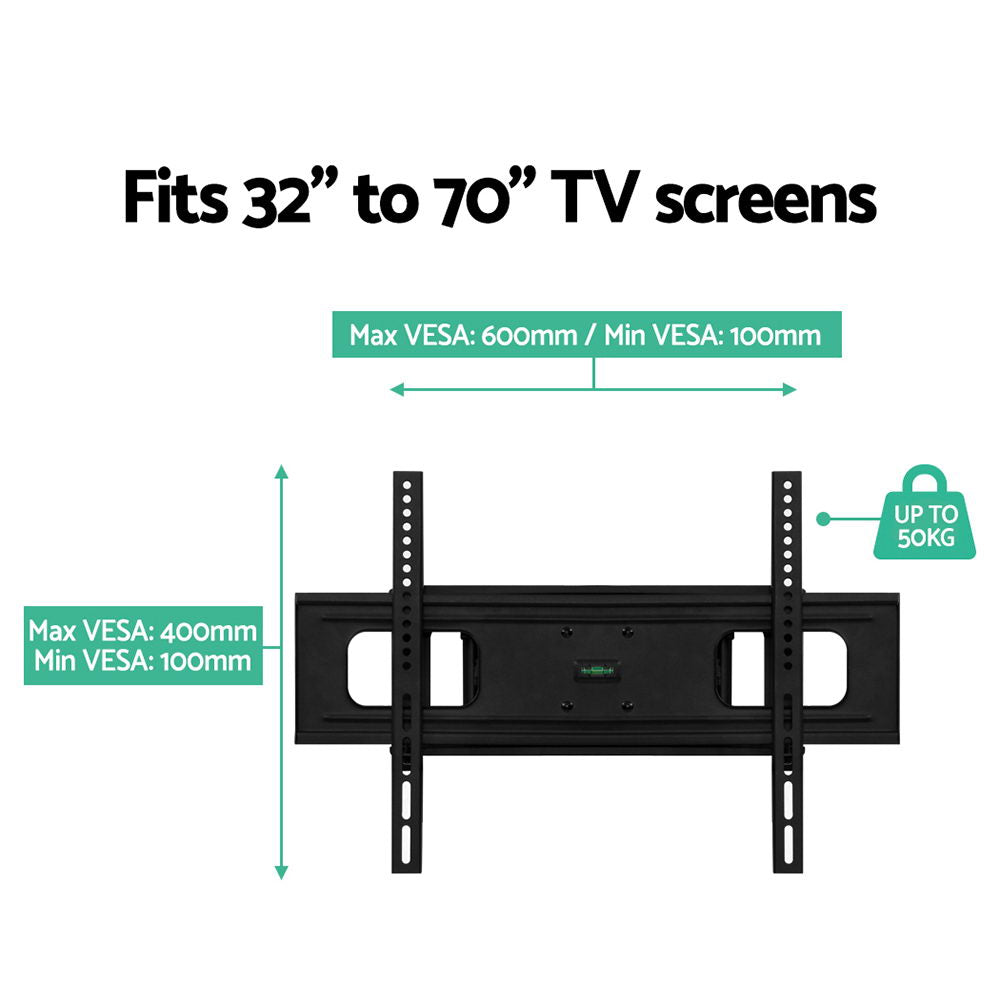Fixed TV wall bracket spec infographic fits 32-70 inch TVs VESA 100-600mm horizontal 100-400mm vertical 50kg capacity