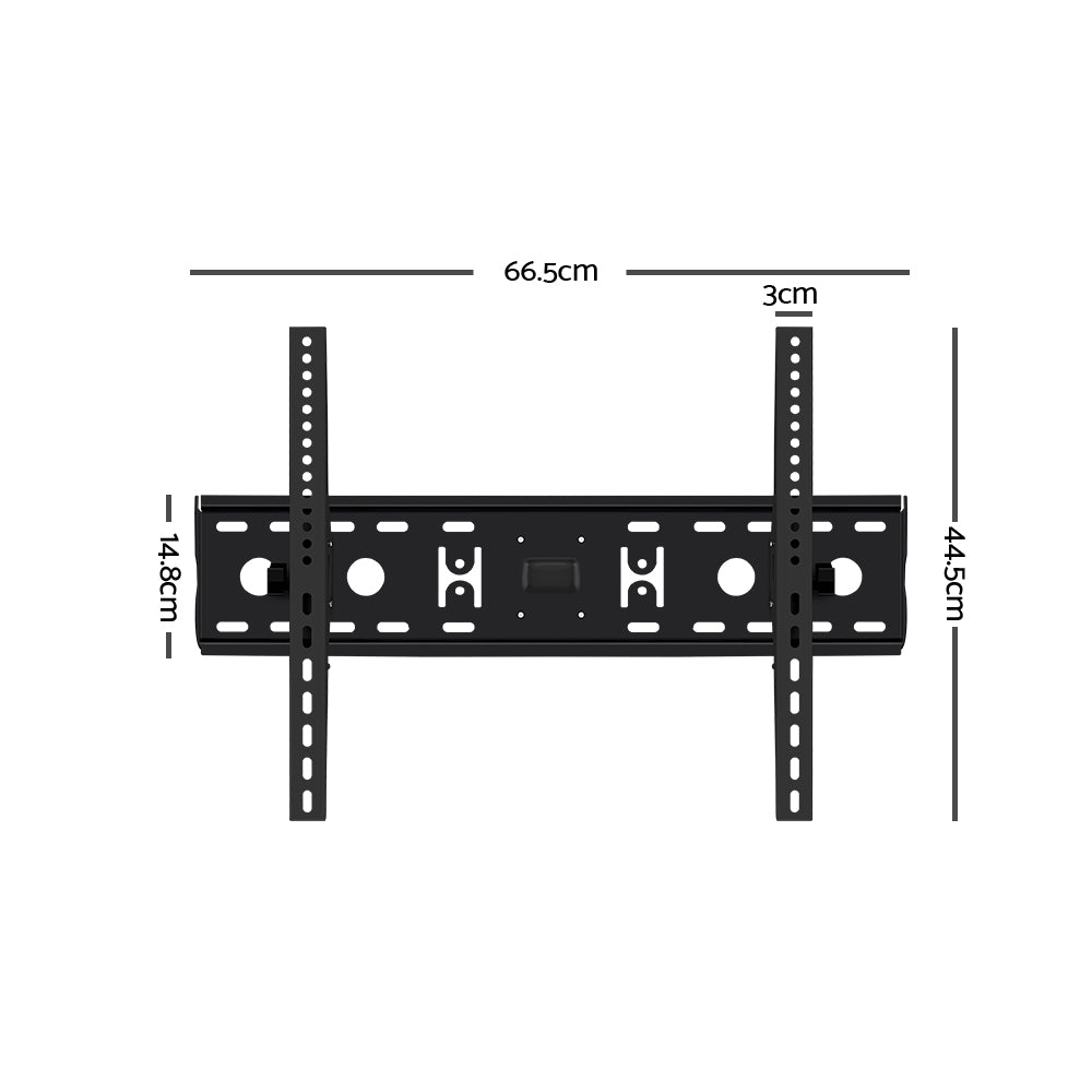 Black full-motion TV wall bracket flat front view on white two round VESA holes each side center cutout and vertical rails