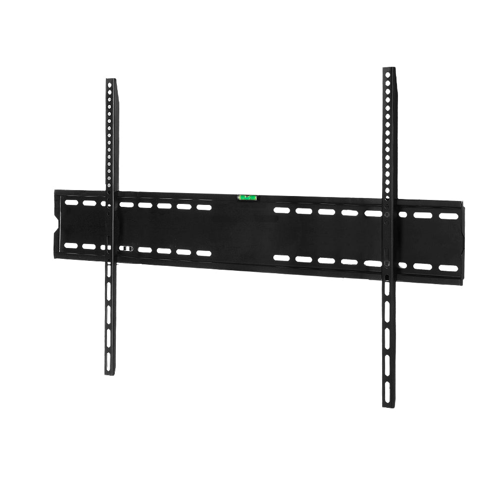 Black wide fixed TV wall bracket angle view on white wide flat top rail spirit level and two long vertical arms