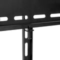 Black wide fixed TV wall bracket close-up showing lower rail T-junction with bolt and spring connector on white