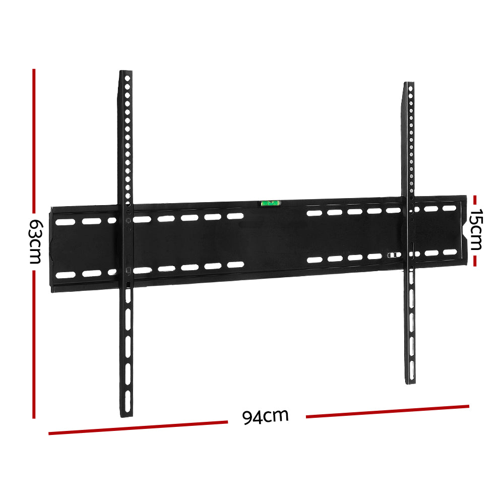 Black wide fixed TV wall bracket angle view on white wide flat top rail spirit level and two long vertical arms