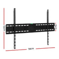 Black wide fixed TV wall bracket dimension diagram 94cm wide 63cm tall 15cm arm width with spirit level on white