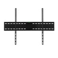 Black wide fixed TV wall bracket flat front view on white wide top rail spirit level and two long vertical arms