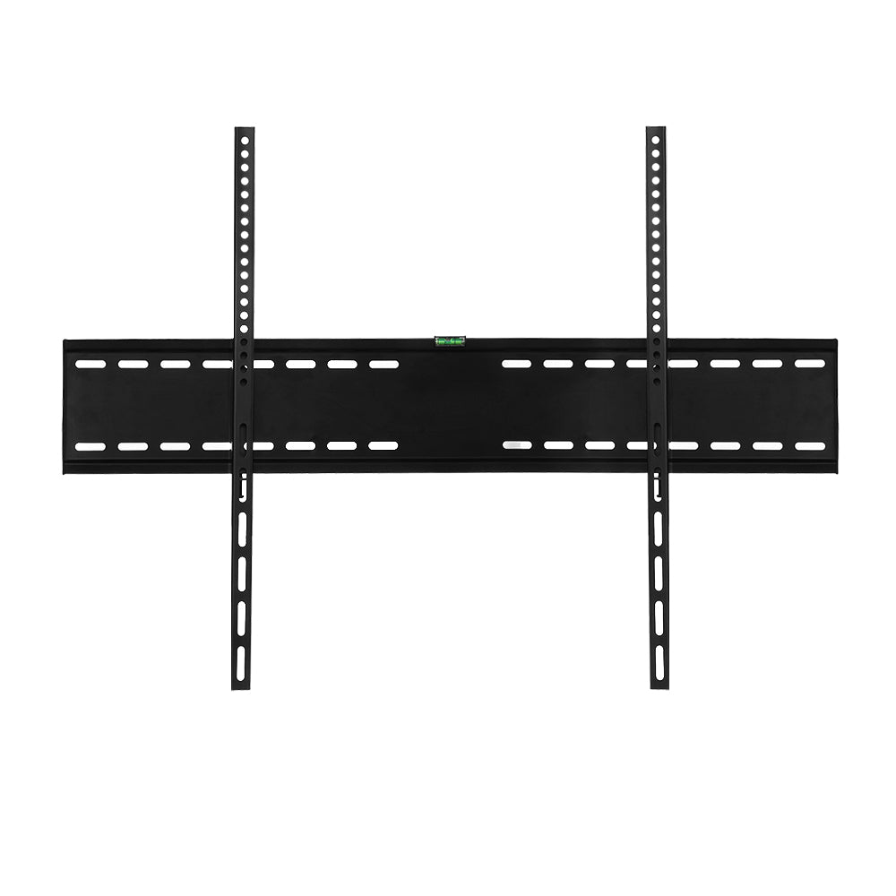Black wide fixed TV wall bracket flat front view on white wide top rail spirit level and two long vertical arms