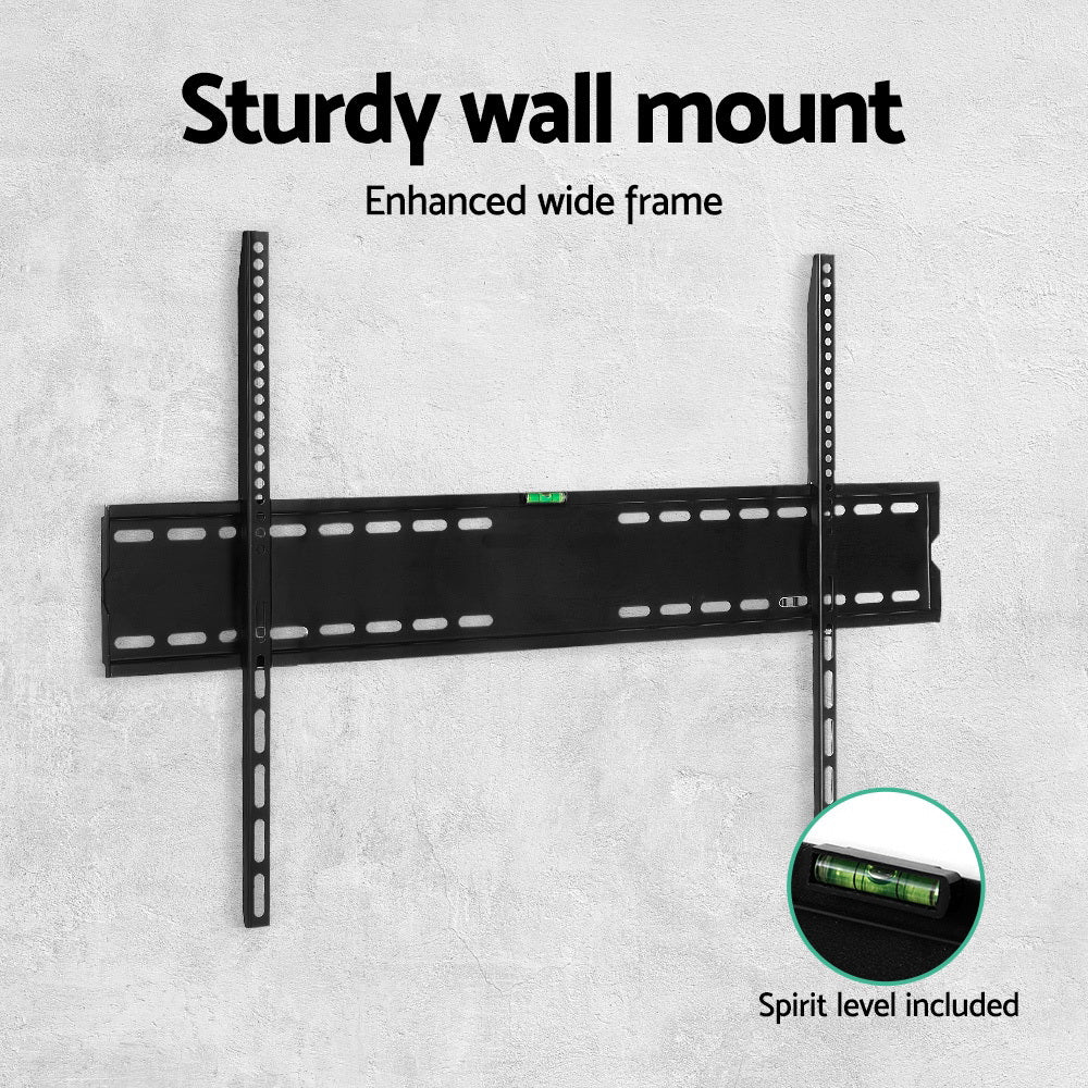 Black wide fixed TV wall bracket on grey concrete wall sturdy wide frame with spirit level included callout circle