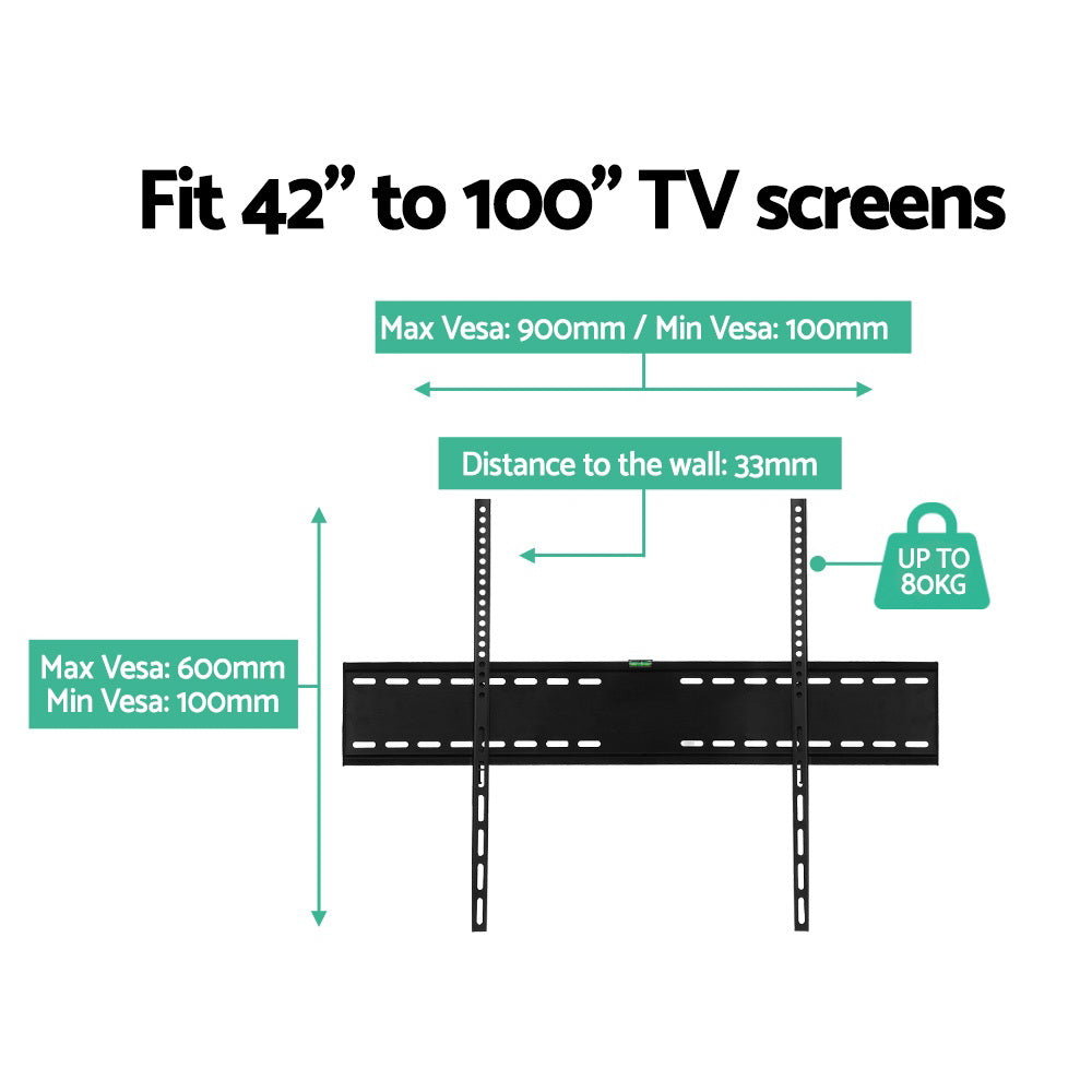 Wide fixed TV wall bracket spec infographic fits 42-100 inch TVs VESA 100-900mm 100-600mm 33mm wall gap 80kg capacity