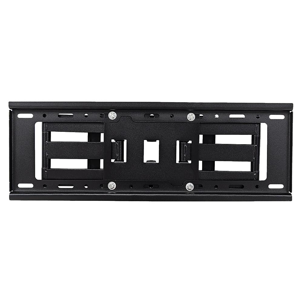 Black flat fixed TV wall bracket front view on dark background wide horizontal design with central TV mount plate
