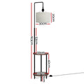 Arc floor lamp dimensions diagram: 163cm height, 30cm shade diameter, two 33cm walnut shelves spaced 42cm apart