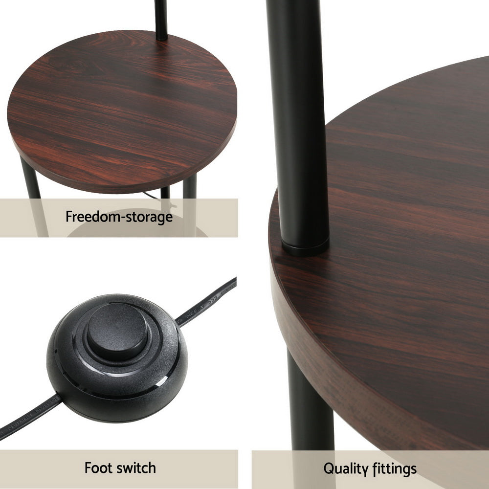 Three-panel feature image showing dark walnut shelves, foot switch detail and quality fittings labels