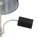 Close-up of small black cylindrical reading shade on flexible metal gooseneck arm attached to brushed nickel floor lamp pole