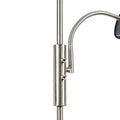 Close-up of brushed nickel pole connector where gooseneck reading arm attaches, showing two screws on white background