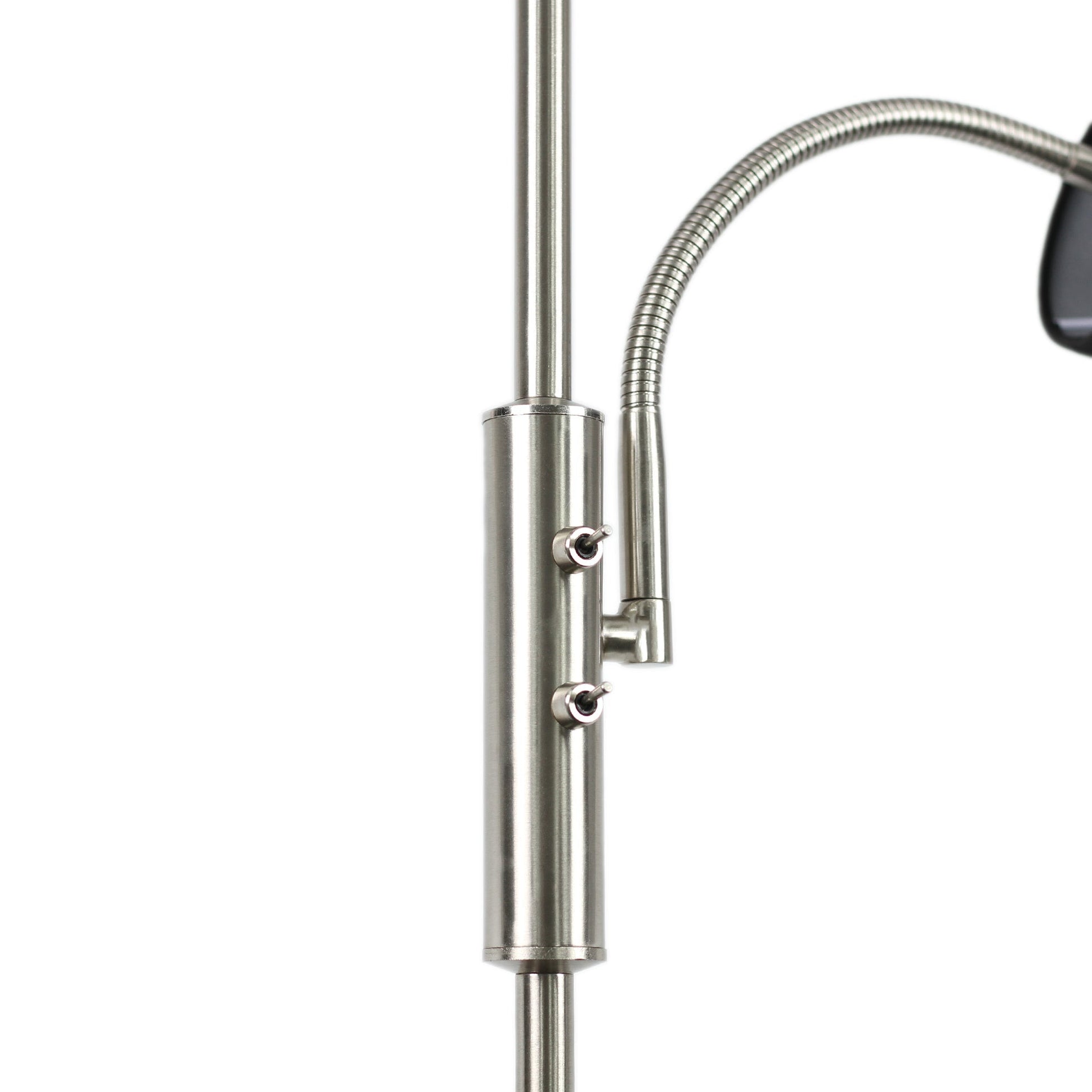 Close-up of brushed nickel pole connector where gooseneck reading arm attaches, showing two screws on white background