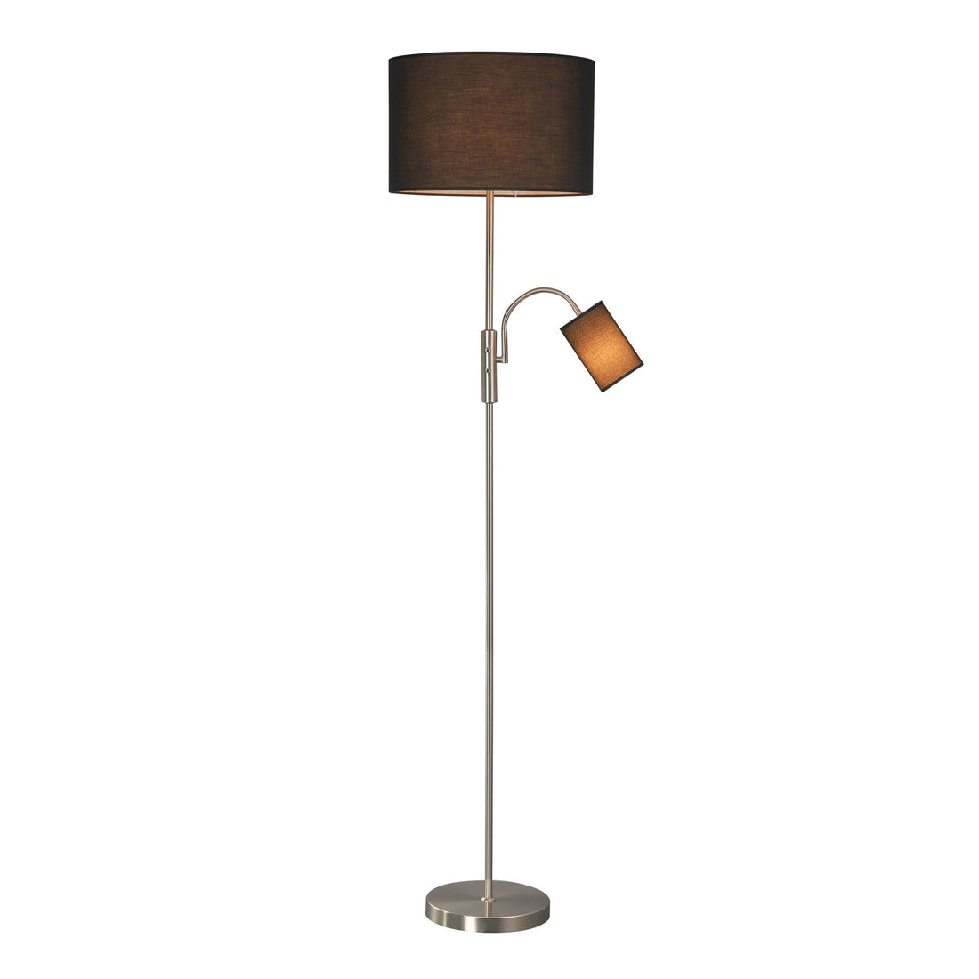 Floor lamp with large black drum shade and small reading arm light on brushed nickel pole, round base on white background