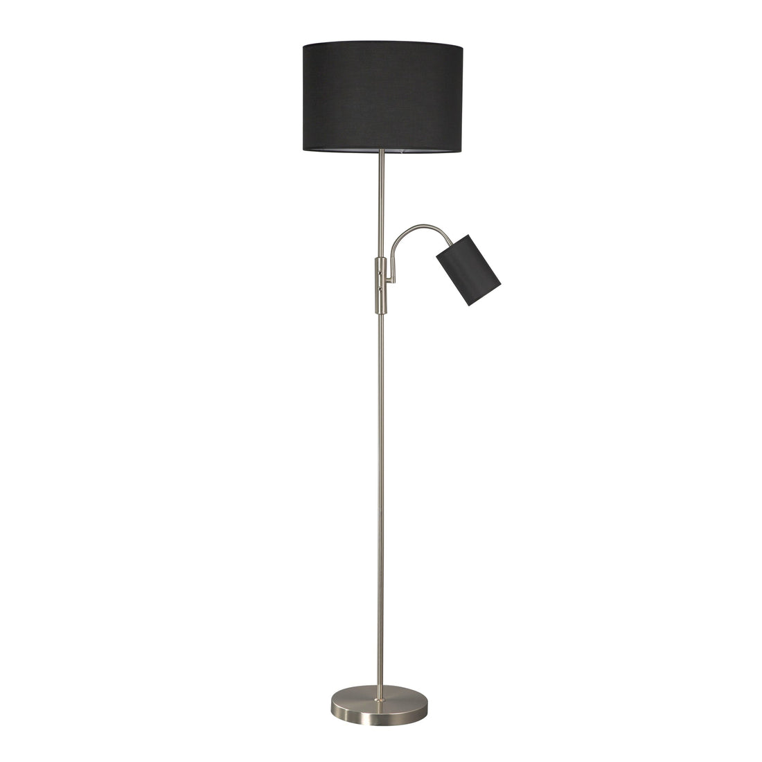 Floor lamp with large black drum shade and small reading arm light on brushed nickel pole, round base on white background