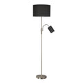 Floor lamp with large black drum shade and small reading arm light on brushed nickel pole, round base on white background